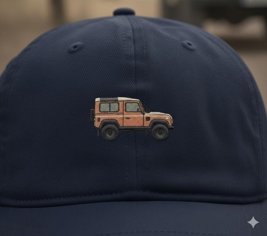 Embroidered Land Rover Defender Cap: Peach Pixel Art, Organic Cotton